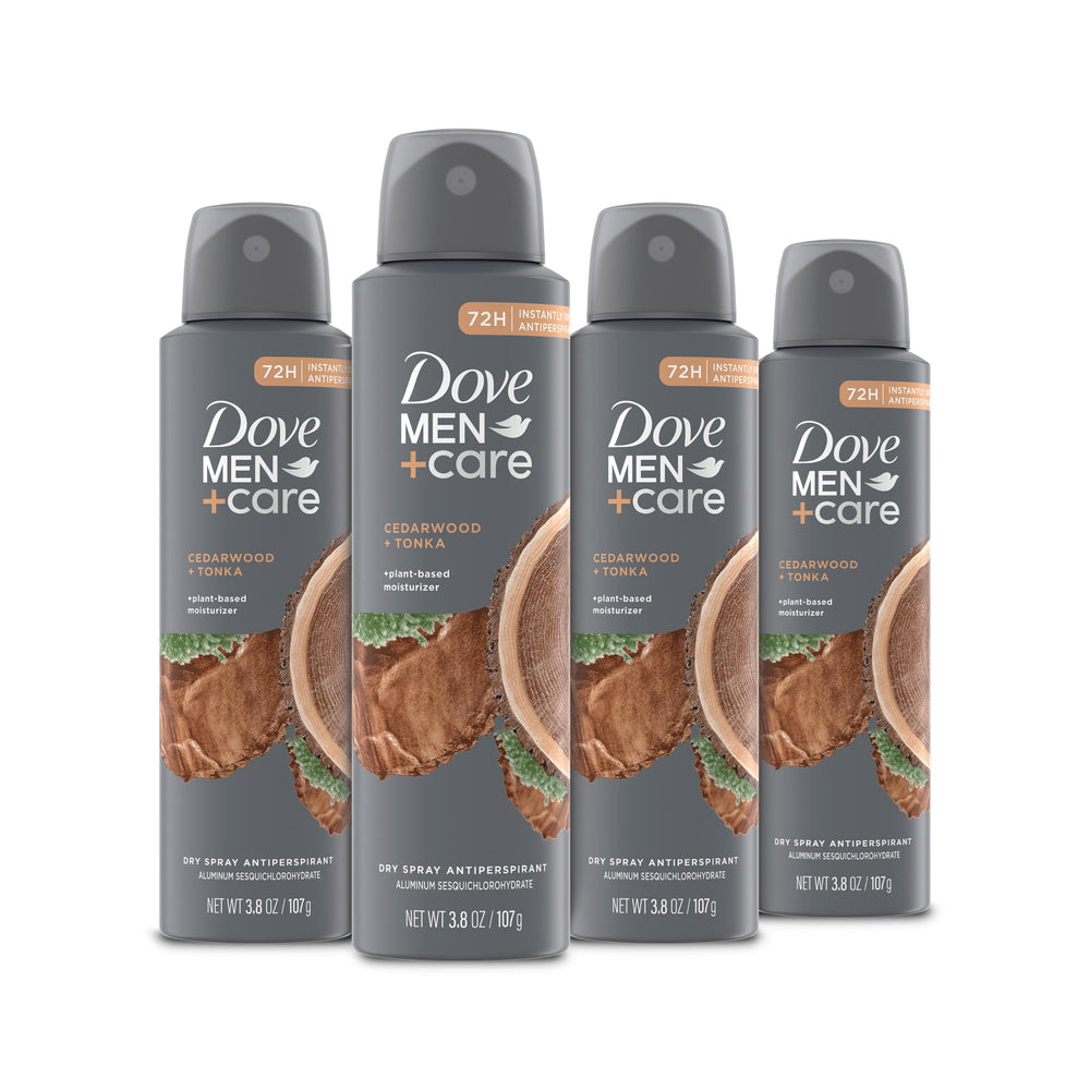 Dove Men+Care Cedarwood Tonka dry spray bottle demonstrates 72-hour protection.