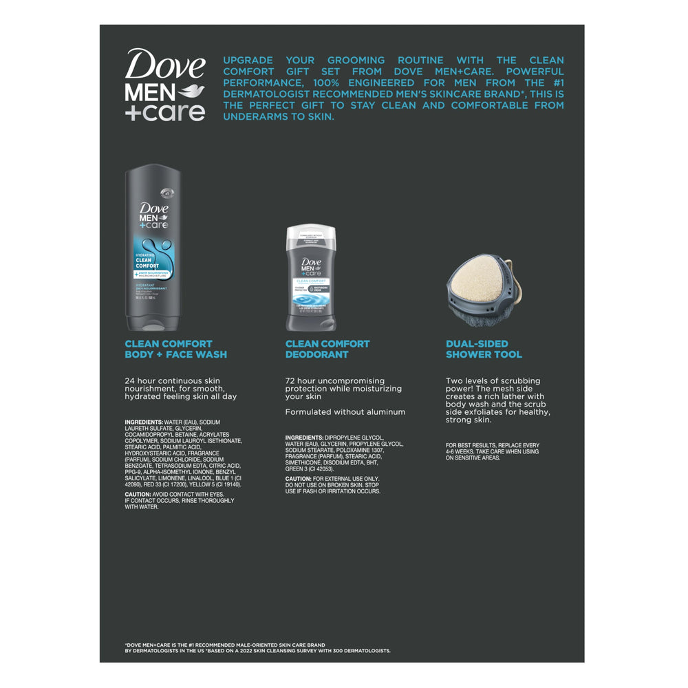 Dove Men+Care Clean Comfort Body & Face Wash bottle highlights a hydrating wash for daily use.