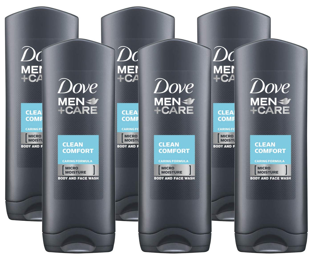 Dove Men+Care Clean Comfort bottle pouring lather for daily refreshment.