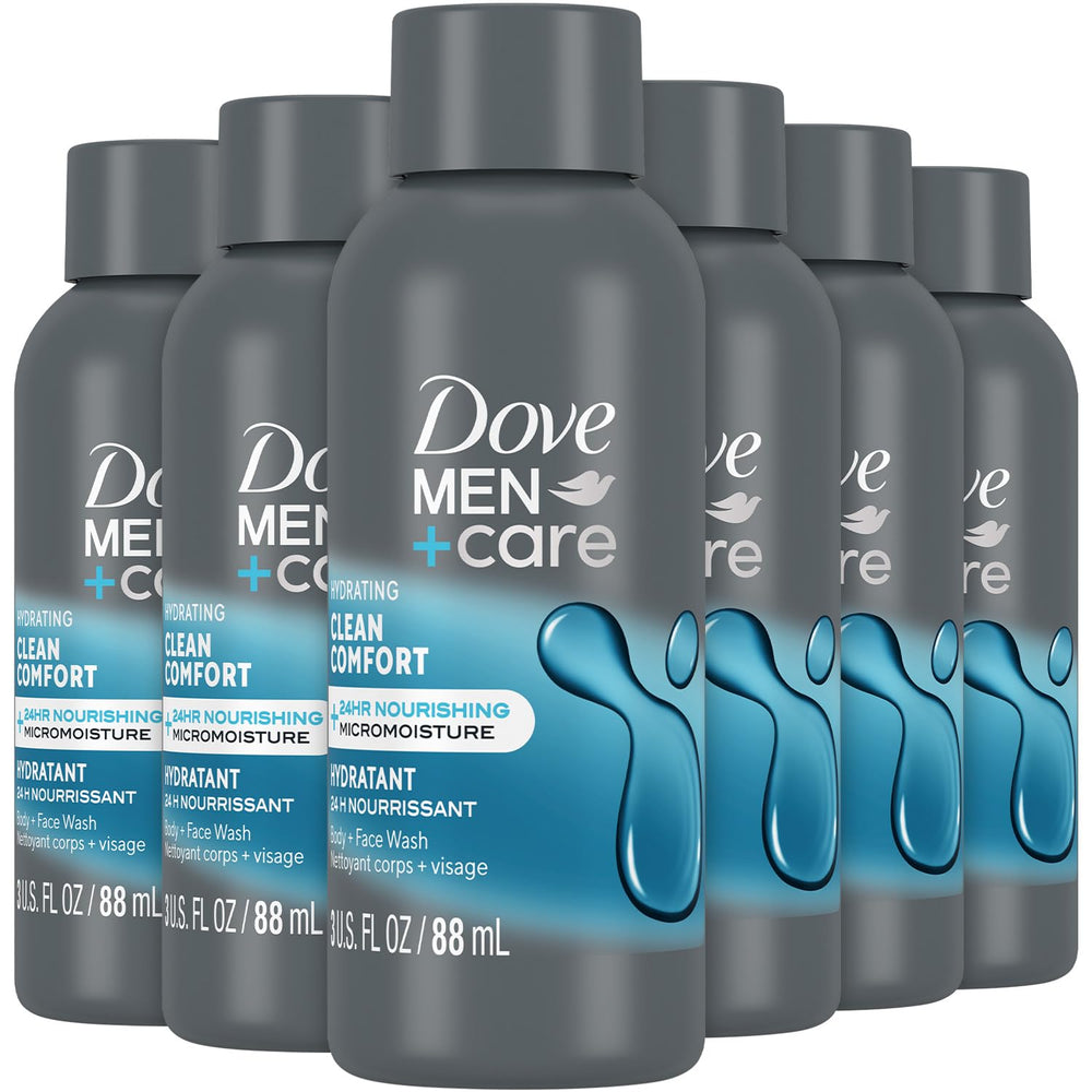 Dove Men+Care Clean Comfort bottle highlights hydrating formula for daily skin care.