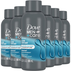 Dove Men+Care Clean Comfort bottle highlights hydrating formula for daily skin care.