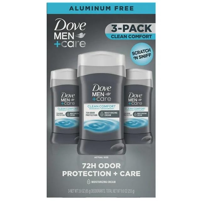 Dove Men+Care Clean Comfort 3-pack deodorant box for everyday freshness.