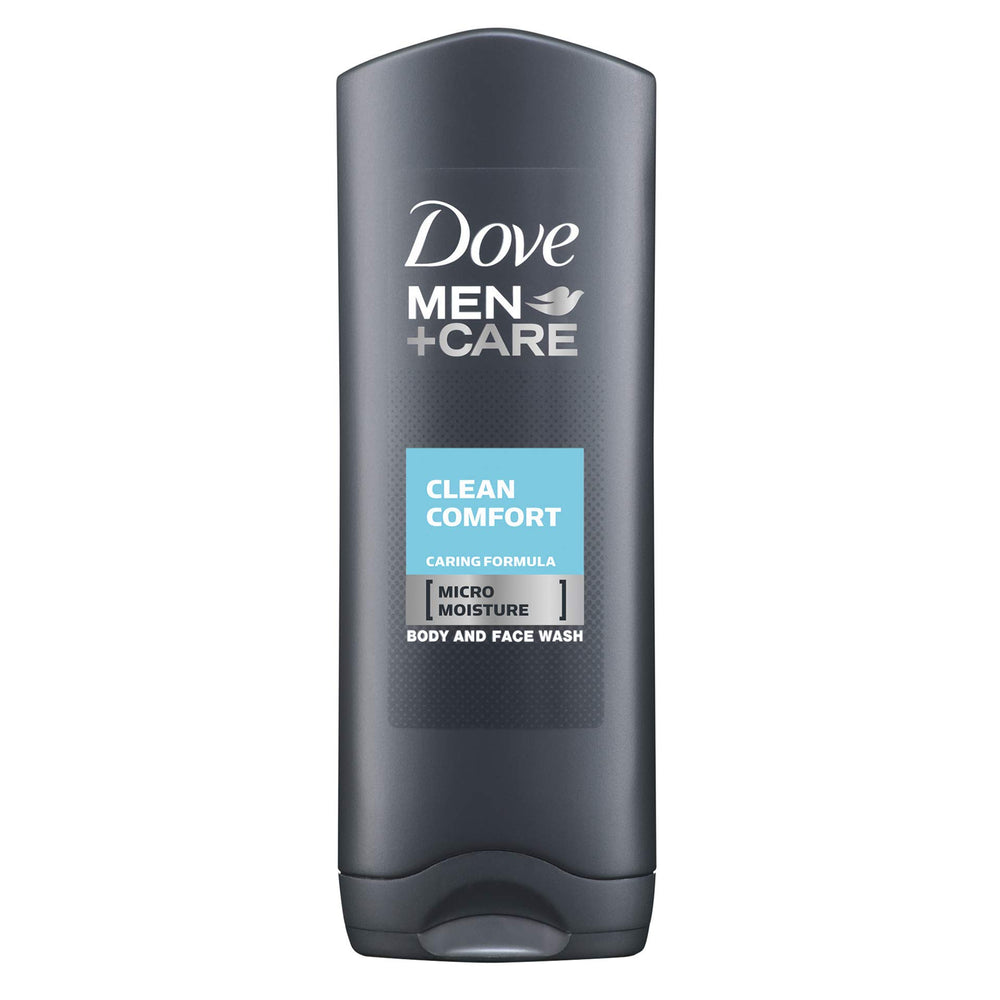 Dove Men+Care Clean Comfort foamy lather cleanses face and body gently.