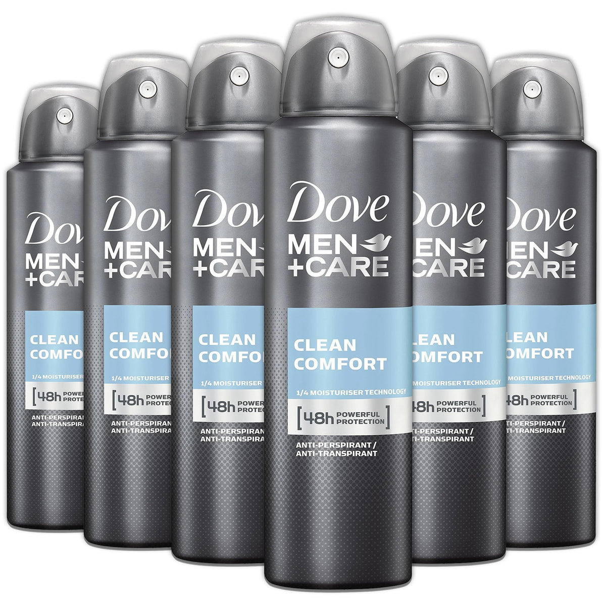 Dove Men+Care Clean Comfort six-pack spray bottles for daily freshness.