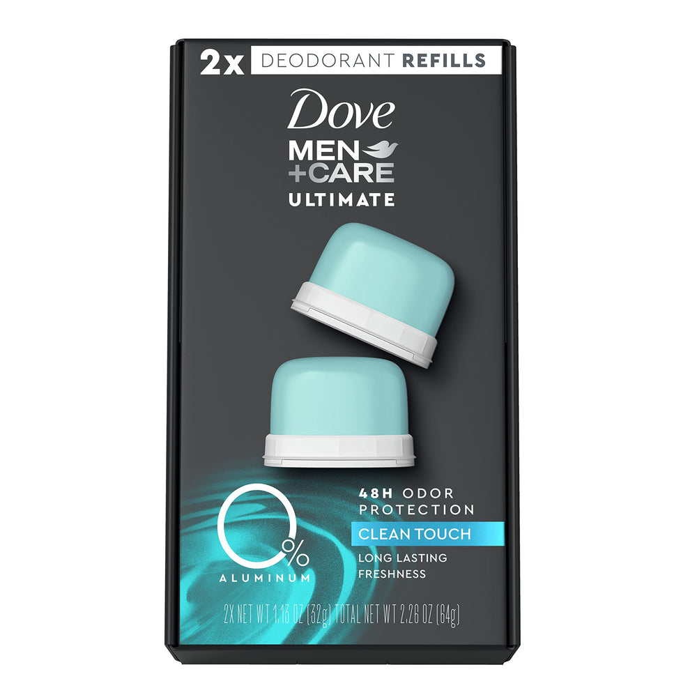 Dove Men+Care deodorant refill pack with two units for long-lasting freshness.