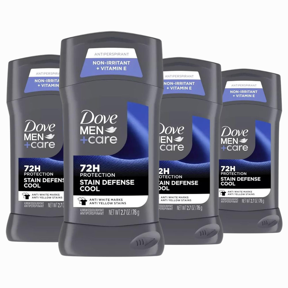 Dove Men+Care deodorant stick 4-count package for daily protection.