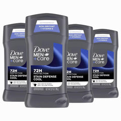 Dove Men+Care deodorant stick 4-count package for daily protection.