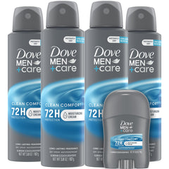 Dove Men+Care dry spray 4-pack visible packaging shows long-lasting protection.
