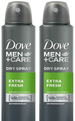 Dove Men+Care dry spray bottle showing 72-hour protection for active days.