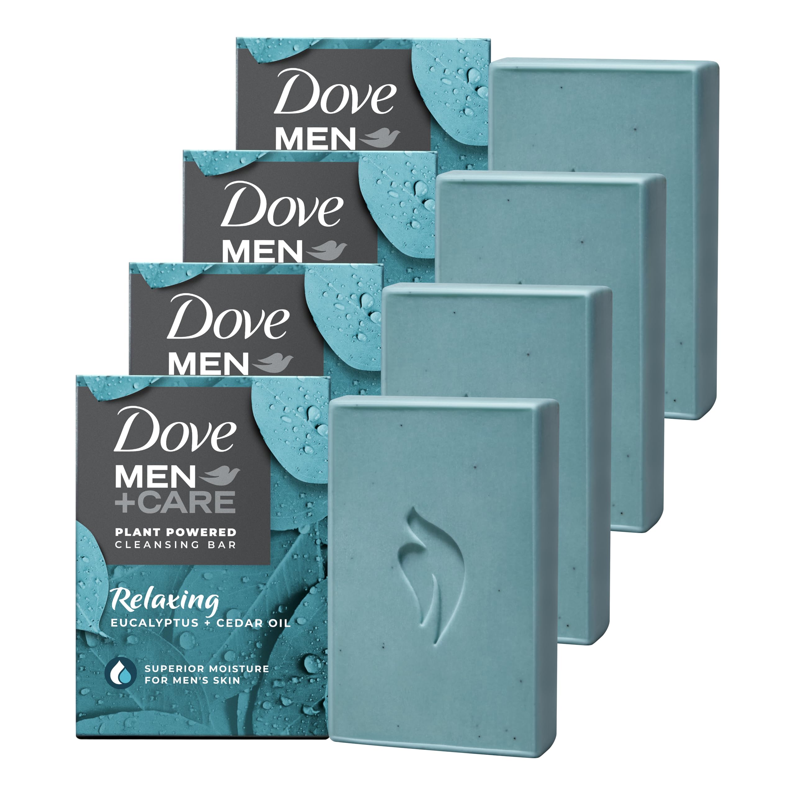Dove Men+Care eucalyptus-cedar bar front view, providing hydrating cleansing for daily grooming