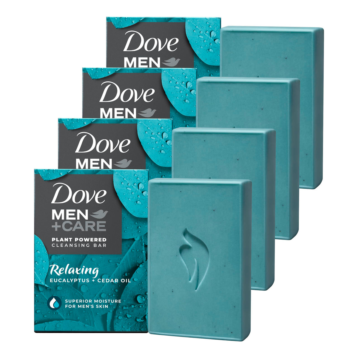 Dove Men+Care eucalyptus-cedar bar front view, providing hydrating cleansing for daily grooming