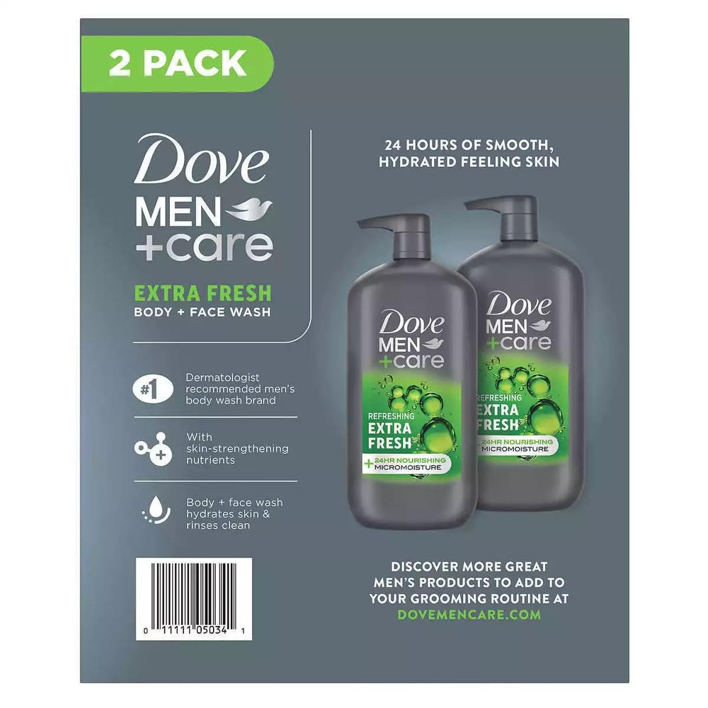 Dove Men+Care Extra Fresh bottle closeup with label emphasizes moisture and cleanliness.