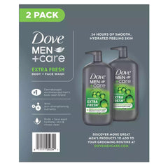 Dove Men+Care Extra Fresh bottle closeup with label emphasizes moisture and cleanliness.