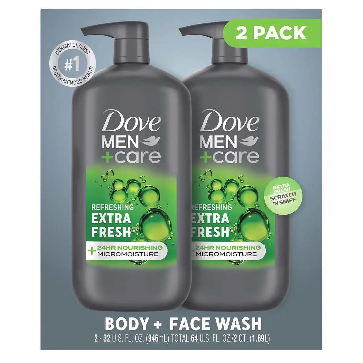 Dove Men+Care Extra Fresh two-pack bottle front for daily refreshing cleanse.