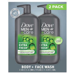 Dove Men+Care Extra Fresh two-pack bottle front for daily refreshing cleanse.