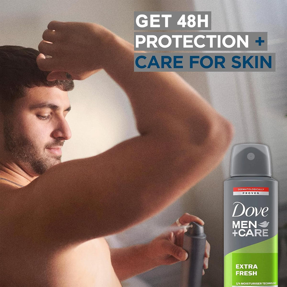 Product shot of Dove Men+Care Extra Fresh showing 48-hour protection and skin-friendly formula.