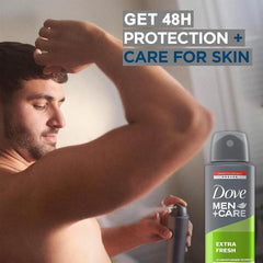 Product shot of Dove Men+Care Extra Fresh showing 48-hour protection and skin-friendly formula.