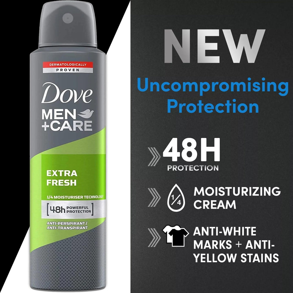 Dove Men+Care Extra Fresh spray being applied for quick-dry underarm feel.