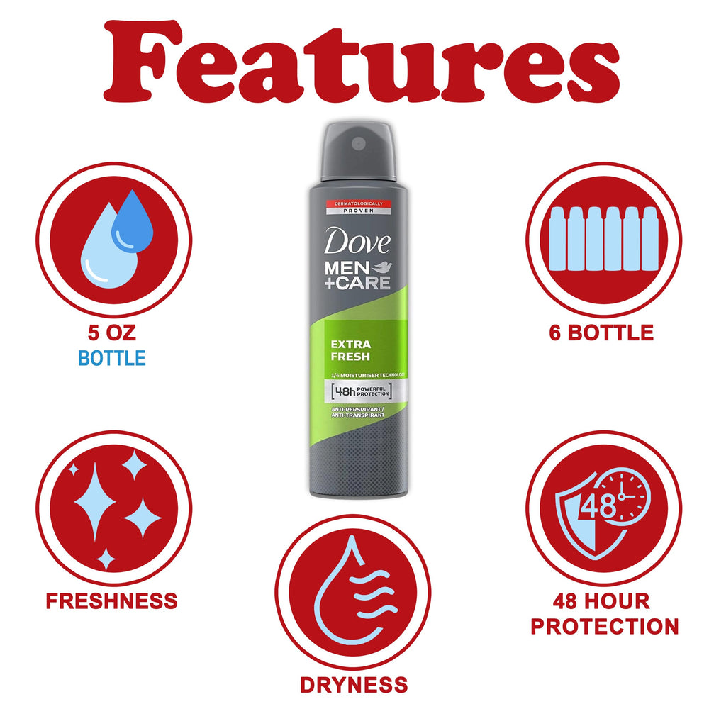 close-up of Dove Men+Care Extra Fresh spray can for quick refresh.