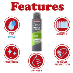 close-up of Dove Men+Care Extra Fresh spray can for quick refresh.