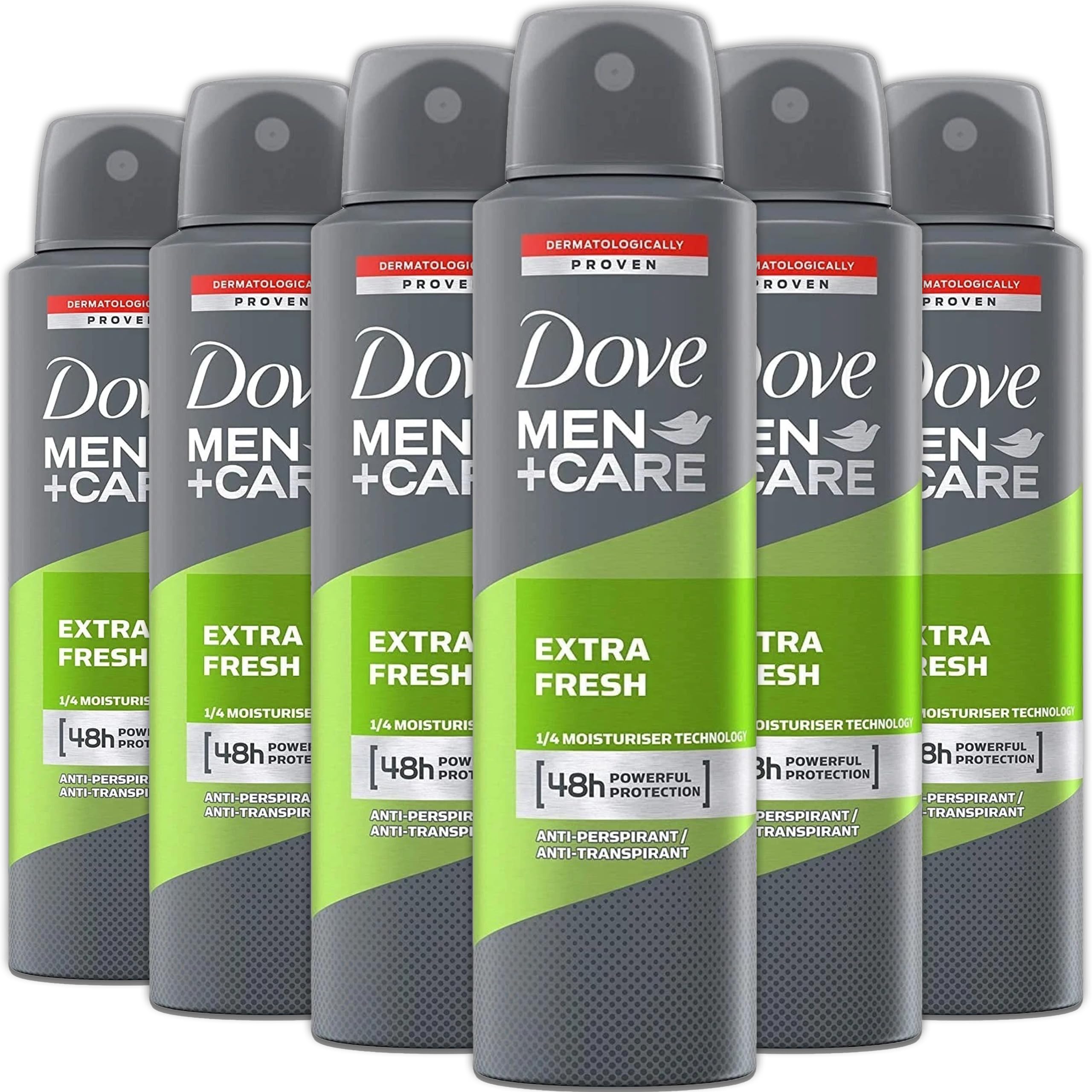 front view of Dove Men+Care Extra Fresh spray with six-pack for daily odor protection.