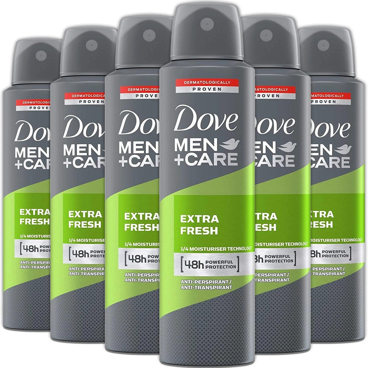 front view of Dove Men+Care Extra Fresh spray with six-pack for daily odor protection.