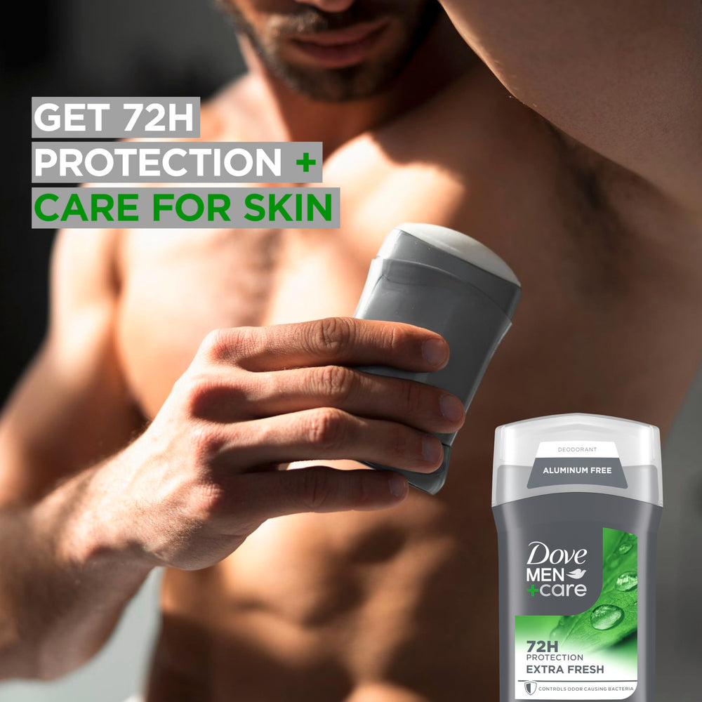 Dove Men+Care Extra Fresh shows 1/4 moisturizing cream for softer underarms.