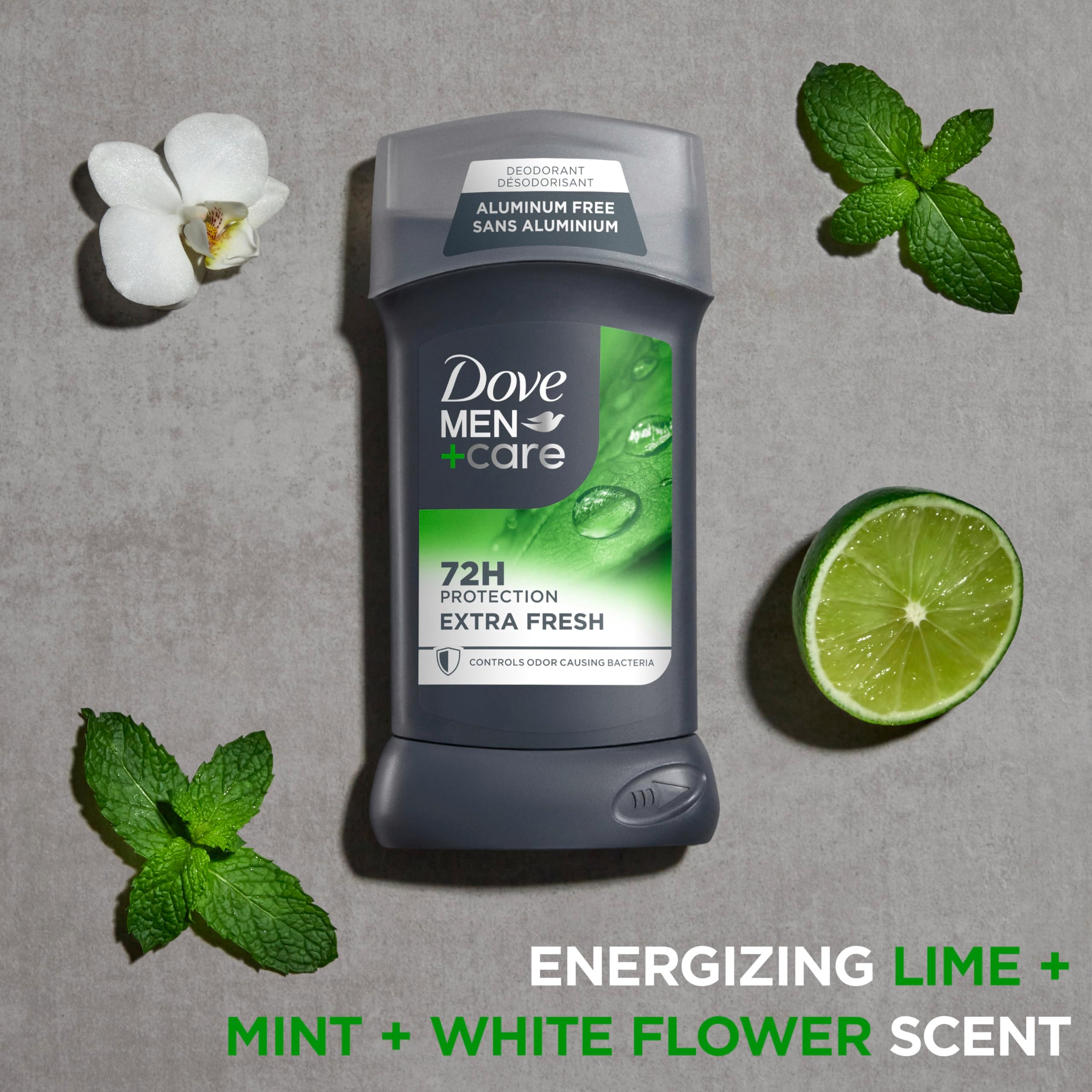 Dove Men+Care Extra Fresh aluminum-free formula for everyday use.