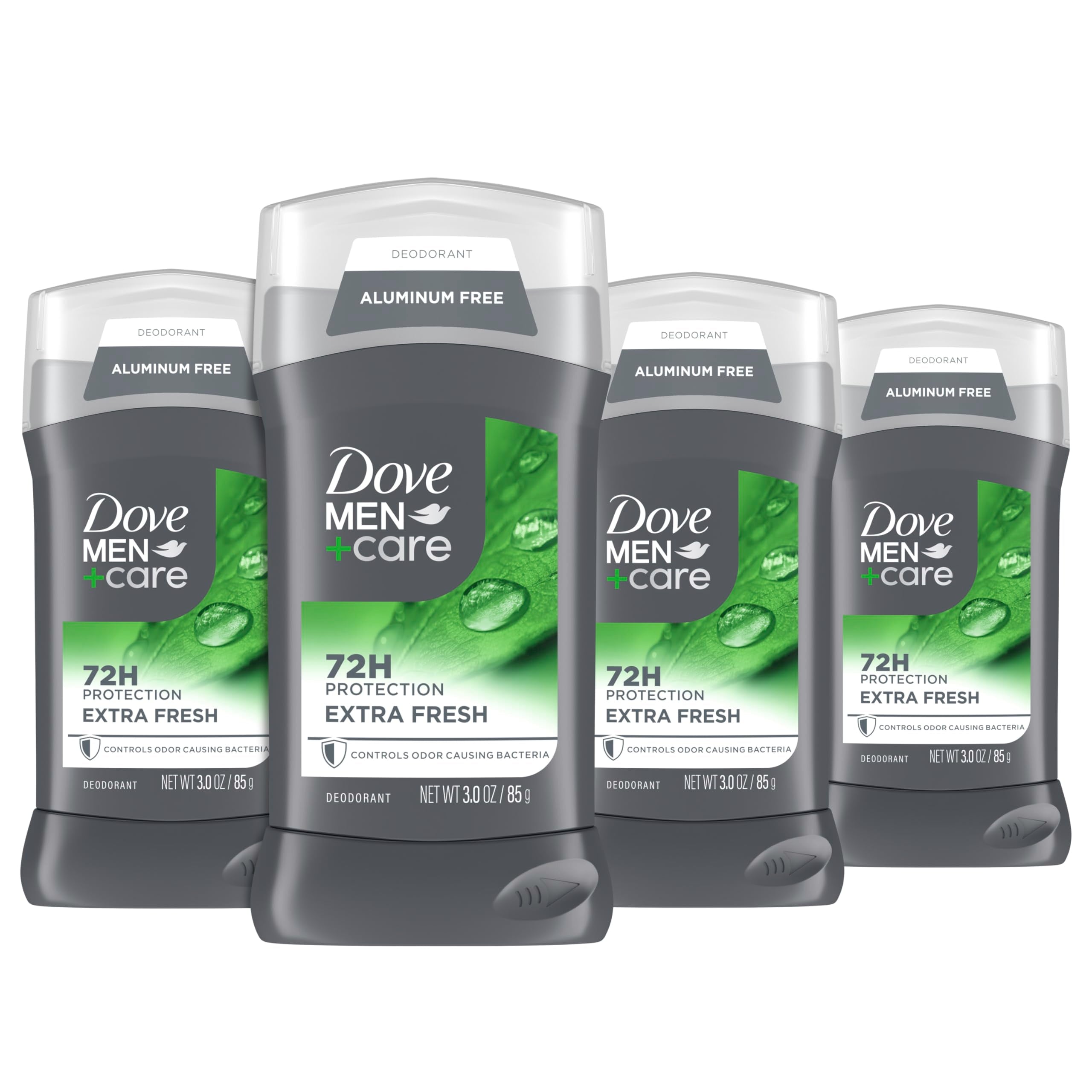 Dove Men+Care Extra Fresh deodorant stick packaging shows aluminum-free formula for daily odor protection.