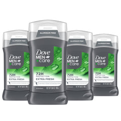Dove Men+Care Extra Fresh deodorant stick packaging shows aluminum-free formula for daily odor protection.