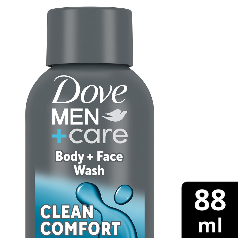 Dove Men+Care Face and Body Wash pump emphasizes travel-friendly 3 oz size and moisturizing cleansing.