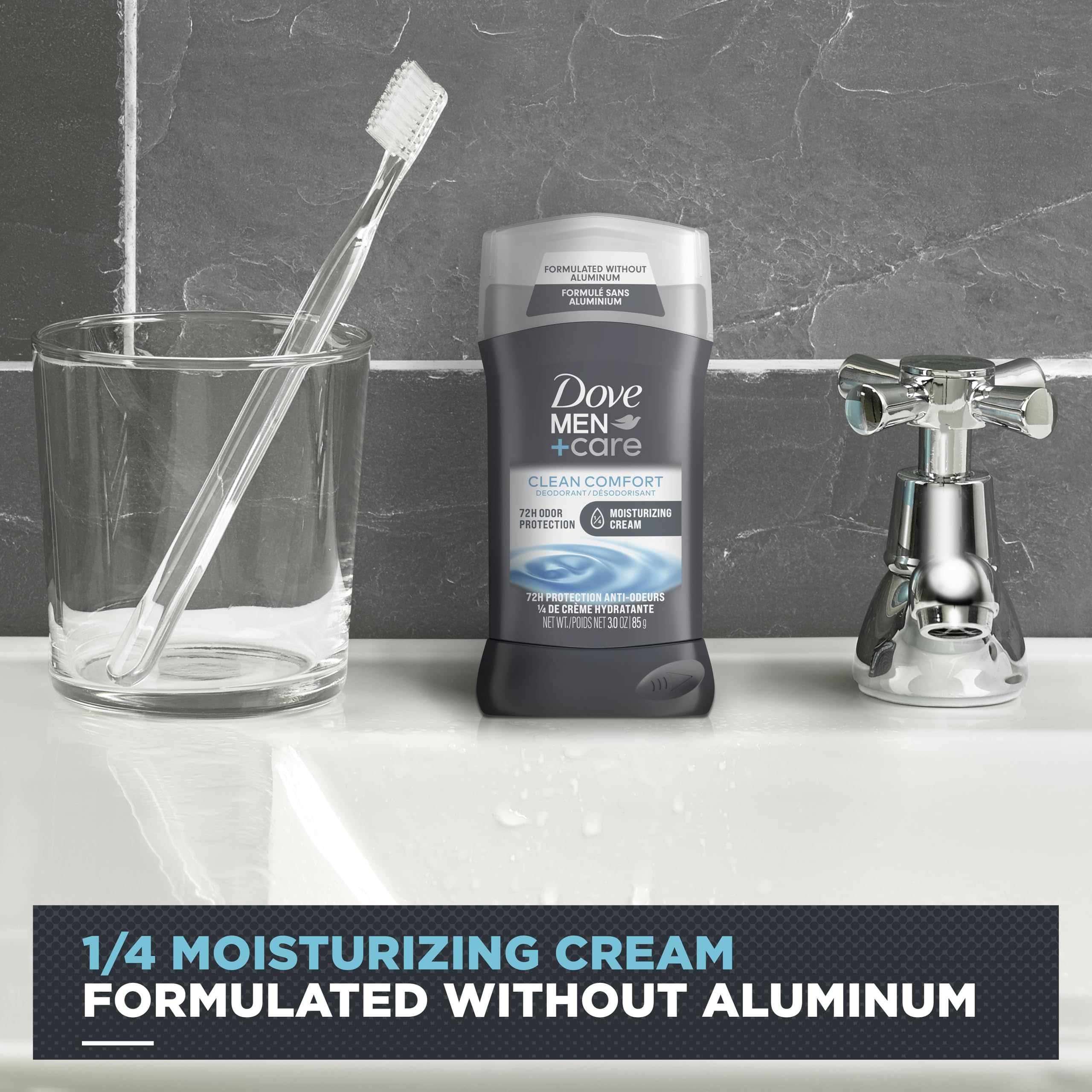 Dove Men+Care Gift Set displayed on bathroom shelf for a convenient morning routine.