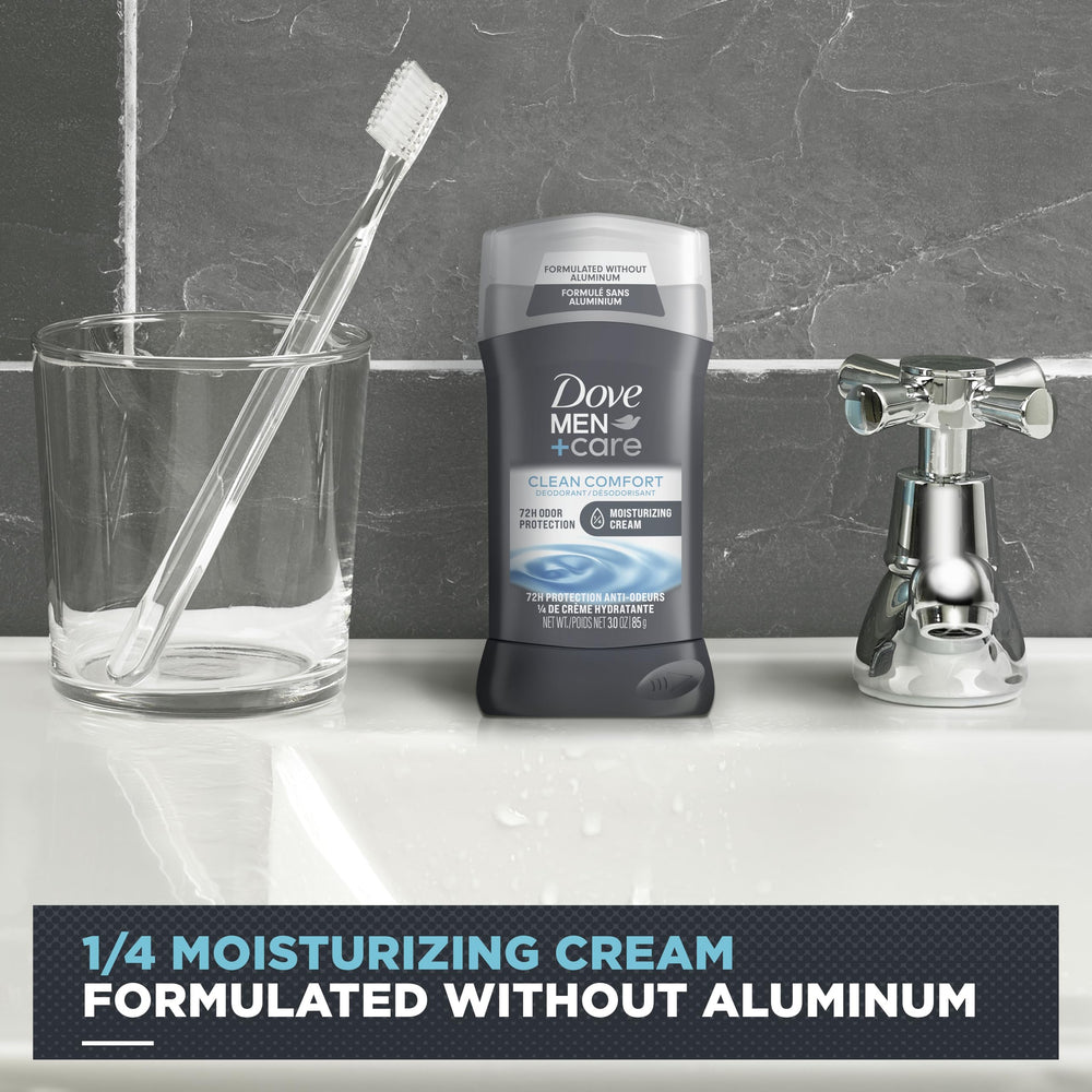 Dove Men+Care Gift Set displayed on bathroom shelf for a convenient morning routine.