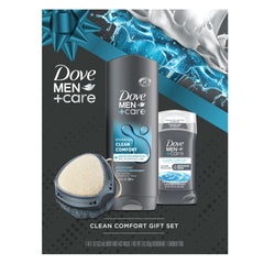 Dove Men+Care gift set packaging showcasing the three-item routine for a fresh start.