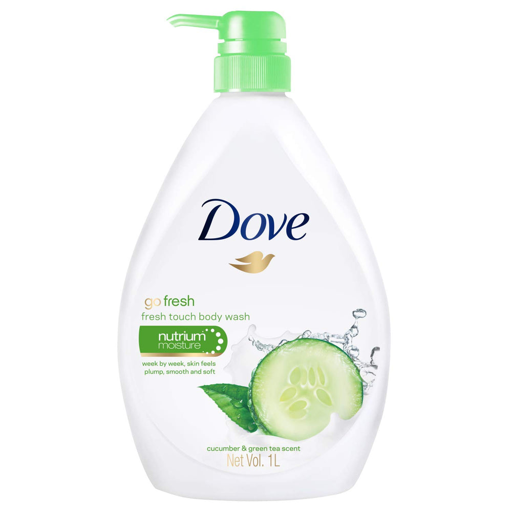 Dove Men+Care Go Fresh bottle with rich lather for hydrated, refreshed skin after shower.