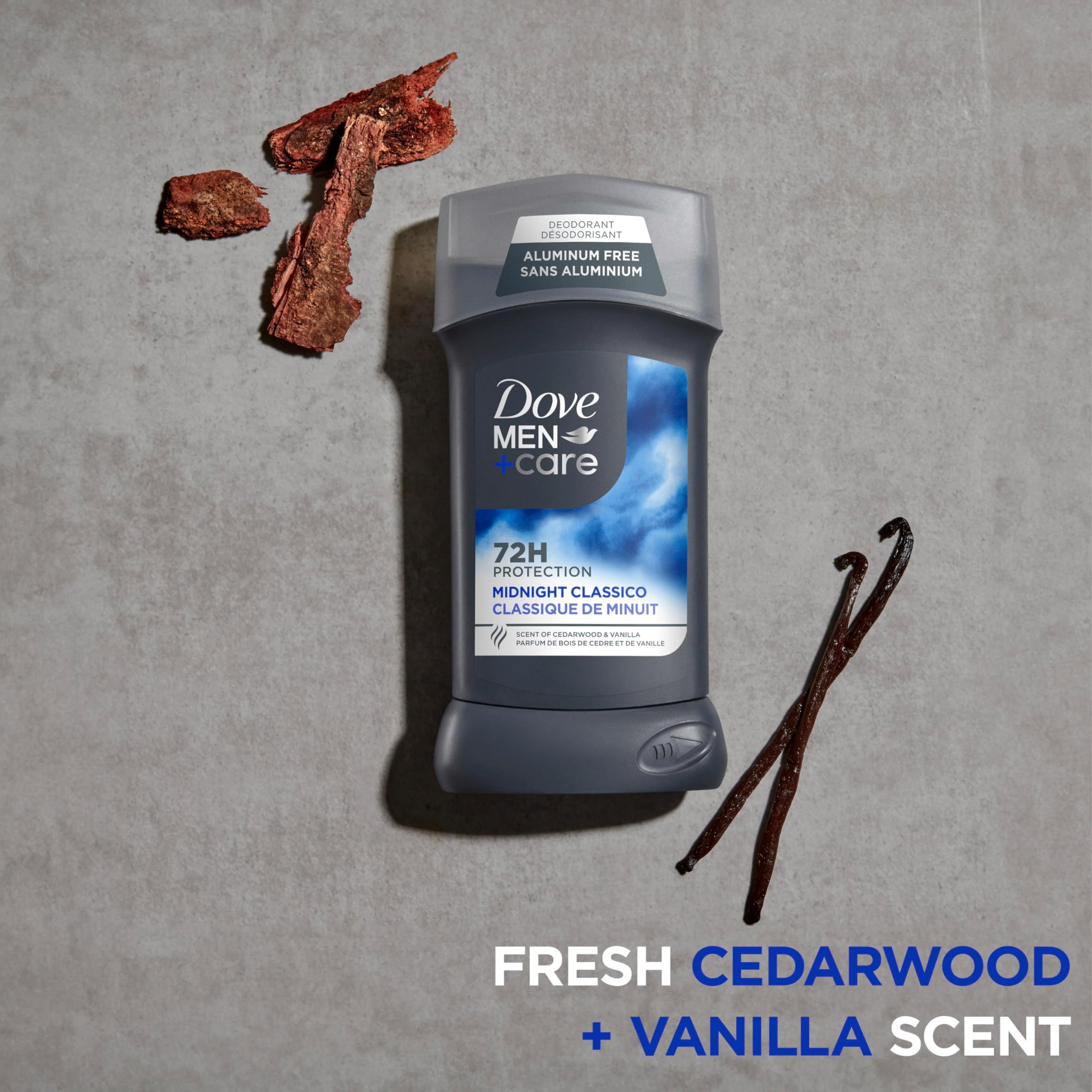 Dove Men+Care Midnight Classico fragrance palette with citrus and aromatics notes.