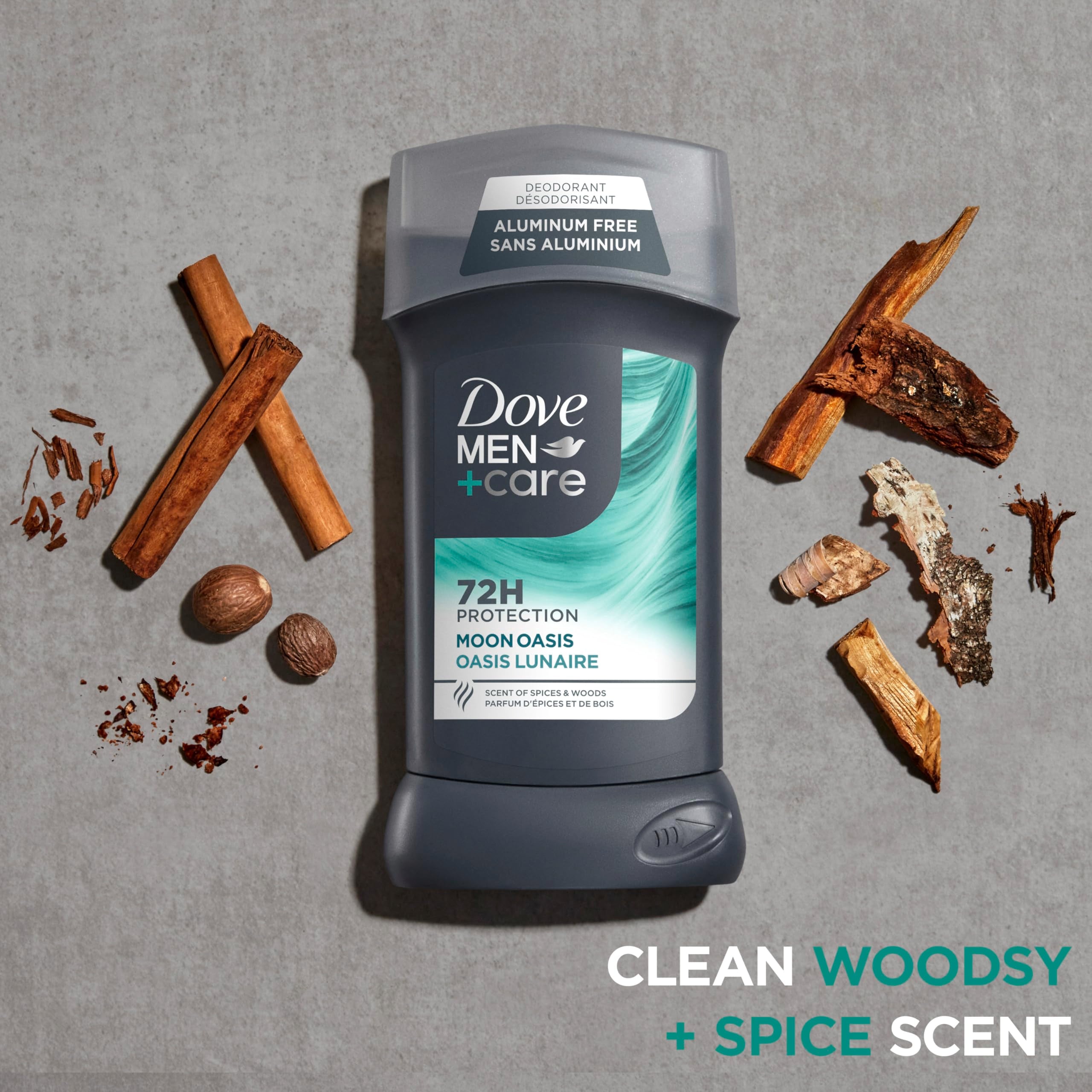 Moon Oasis packaging highlights aluminum-free formula for skin comfort.