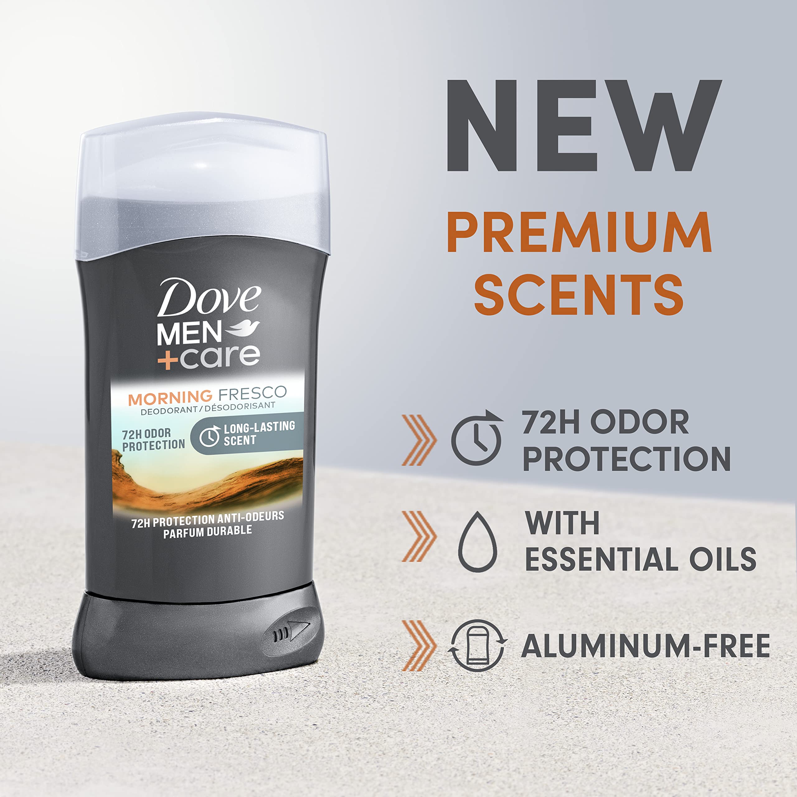 Dove Men+Care Morning Fresco close up highlights essential oils fragrance and long lasting freshness