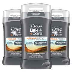 Dove Men+Care Morning Fresco deodorant stick packaging highlights a three pack and aluminum free formula