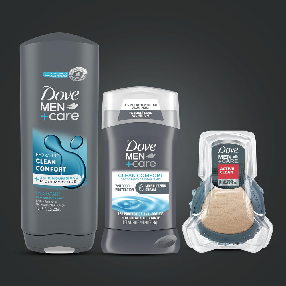 Dove Men+Care morning routine image shows quick, refreshing start with easy grooming.
