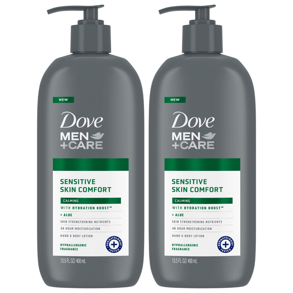 Dove Men+Care two-bottle pack front view highlighting moisturizing protection for dry skin