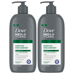Dove Men+Care two-bottle pack front view highlighting moisturizing protection for dry skin