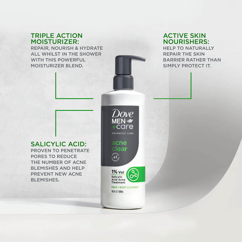 Dove Men+Care 3-count-pack signals affordability for regular acne care.