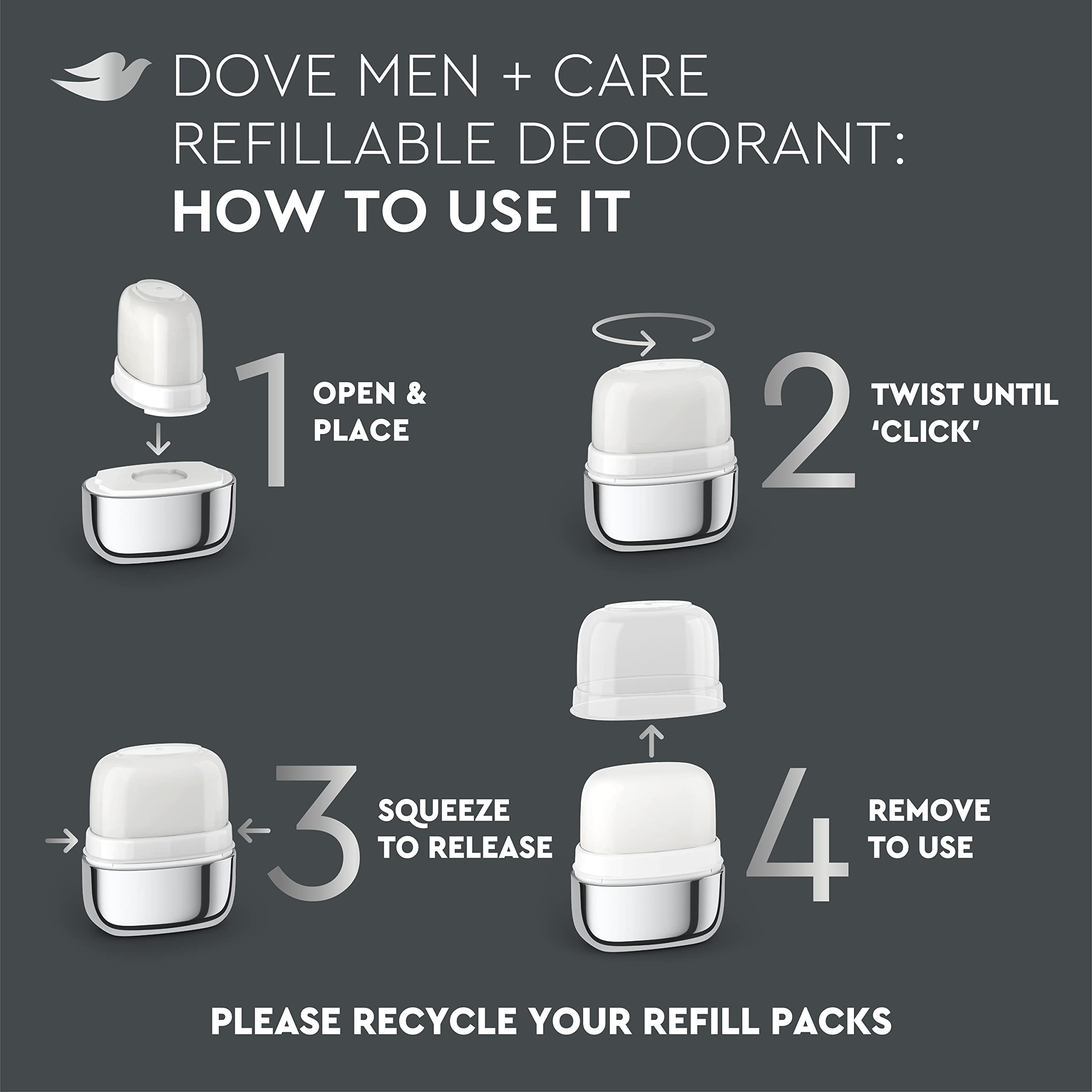 Dove Men+Care deodorant refill installation with twist-and-click design.