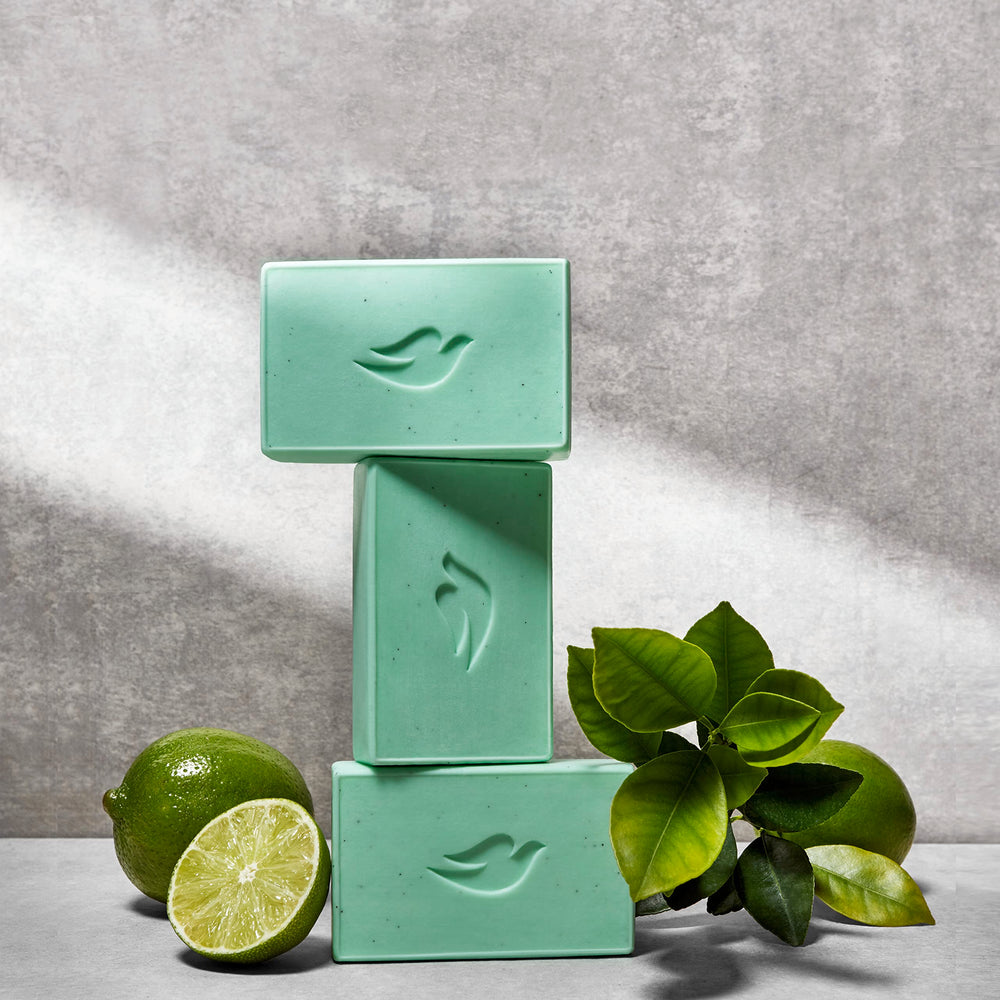 Dove Men+Care olive-oil close-up highlights natural oils for soothing feel