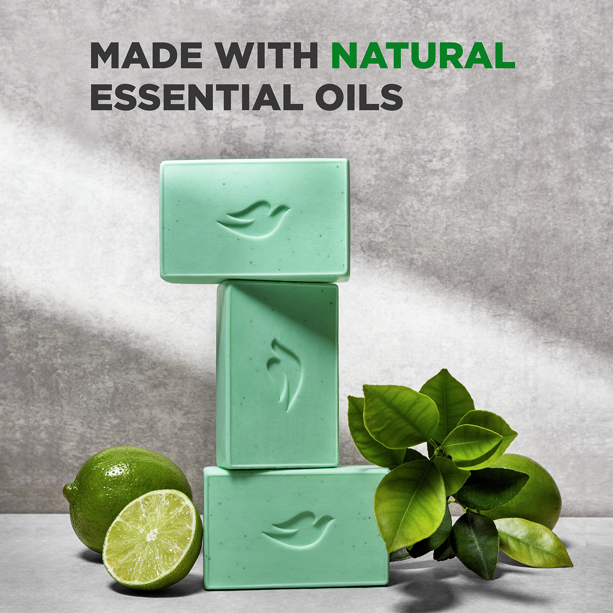 Dove Men+Care packaging-flatlay with bars and ingredients communicates plant-powered cleanse
