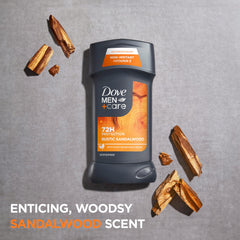 Dove Men+Care Rustic Sandalwood deodorant stick top view shows compact design