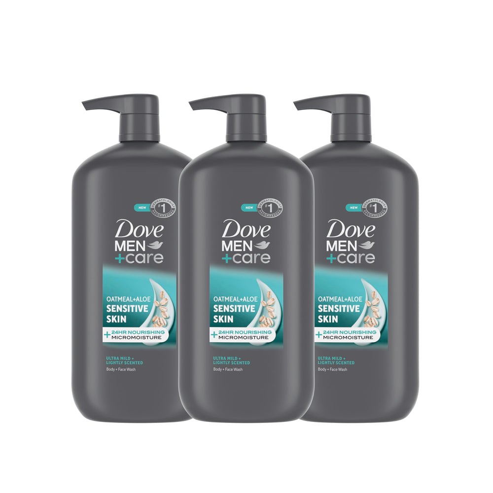 DOVE MEN + CARE Sensitive Skin bottle front with hydrating formula for dry skin after shower
