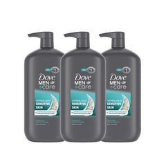 DOVE MEN + CARE Sensitive Skin bottle front with hydrating formula for dry skin after shower