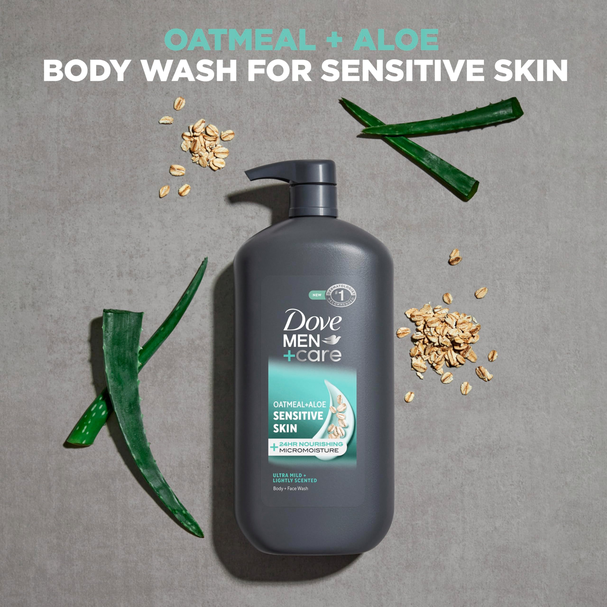 DOVE MEN + CARE Sensitive Skin pump bottle highlighting colorant-free formula for gentle cleansing